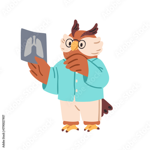 Animal doctor, owl, hospital character studying xray. Bird in medical uniform during x-ray diagnostics, lungs checkup, health examination. Flat vector illustration isolated on white background
