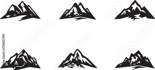Six black silhouette vector graphics of jagged mountain peaks with sharp edges and rocky textures