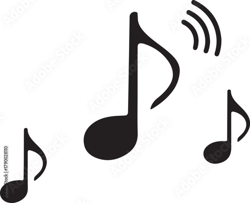 Three Black Musical Notes with Sound Waves Emanating from One on White Background audio melody