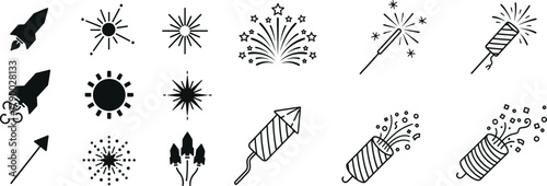 Festive pyrotechnics line icons