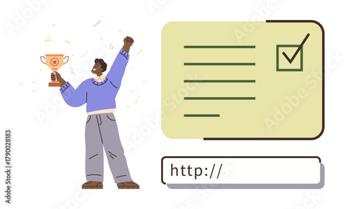 Man rejoicing with trophy, alongside checklist and hyperlink, representing success, validation, certification, achievement, digital process, motivation online recognition. Ideal for progress