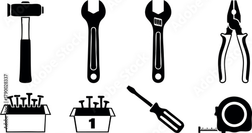 Hand Tools Vector Set Including Hammer Wrenches Pliers Screwdriver Nails Tape Measure for Construction and Repair Work