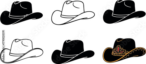 Western cowboy hats collection with various designs and styles vector illustration