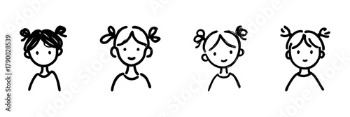 Four Female Faces With Pigtails Line Icon Set In Doodle Style. Diverse Expressions And Hairstyles Outline Sketch Collection. Hand Drawn Isolated Vector Illustration