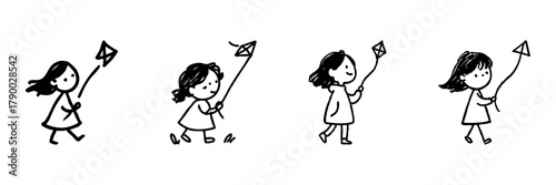 Children Flying Kites Line Icon Set In Doodle Style. Playful Outdoor Activity And Childhood Fun Outline Sketch Collection. Hand Drawn Isolated Vector Illustration