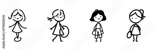 Cute Stick Figure Girls Line Icon Set In Doodle Style. Playful And Joyful Children Characters Outline Sketch Collection. Hand Drawn Isolated Vector Illustration