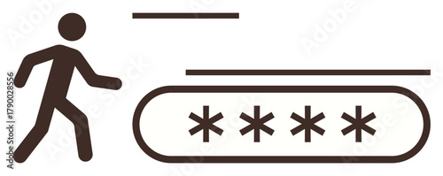 User walking towards a secure interface with password input represented by asterisks. Ideal for cybersecurity, authentication, access control, digital safety, secure login, password protection