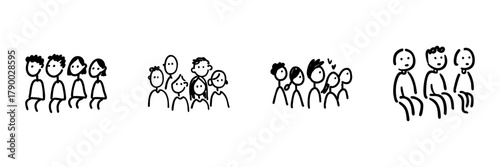 Group Of People Line Icon Set In Doodle Style. Community, Teamwork, And Social Interaction Outline Sketch Collection. Hand Drawn Isolated Vector Illustration
