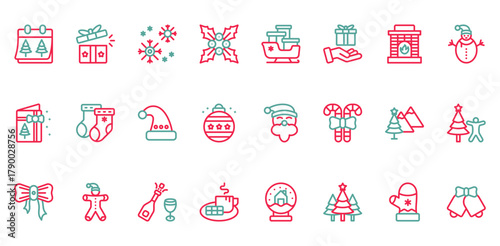 Christmas icon collection set. Containing christmas, gift box, snow, sleigh, christmas card, christmas hat, santa, candy cane icon. Simple outline  color vector.