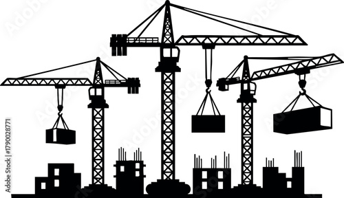 Construction site with multiple cranes lifting heavy loads and building structures in progress vector illustration