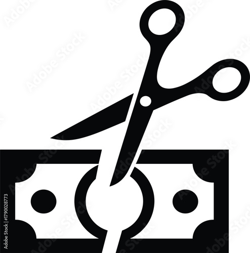 Scissors Cutting Through Currency or Dollar Bill, Representing Cost Reduction, Budget Cuts, Financial Savings, Expense Control, and Price Optimization