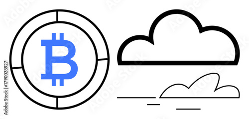 Bitcoin symbol inside a circular token with outlined clouds and minimal lines. Ideal for blockchain, cryptocurrency, fintech, technology, innovation, decentralization, cloud computing. A simple flat