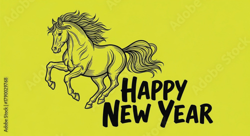 A dynamic horse illustration paired with a cheerful New Year wish creates a vibrant illustration, perfect for festive greetings and celebratory designs. 