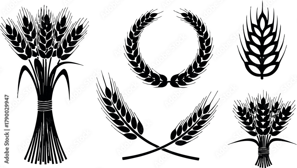 Fototapeta premium Wheat ears bundle and laurel wreath vector silhouettes for agriculture and harvest design elements