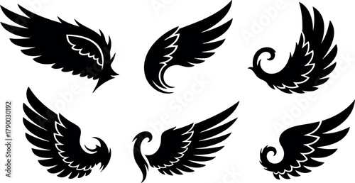 Black bird wings vector collection with various feather shapes and styles for design and decoration purposes