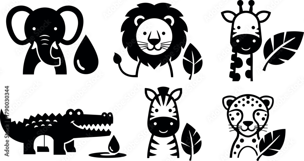 Fototapeta premium African safari animals collection vector icons with elephant lion giraffe crocodile zebra and cheetah design