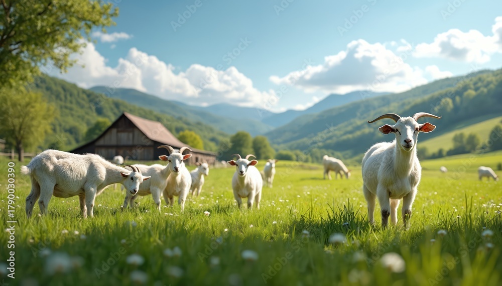 Naklejka premium Flock of white goats graze in green field near barn. Farm animals eat grass in pasture in countryside. Scenic mountain landscape at sunny summer day. Concept of animal farming.