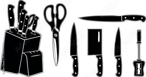 Kitchen knife set with scissors and sharpening steel vector illustration silhouette in black and white