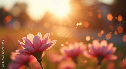 Many pink flowers in a field with the sun shining