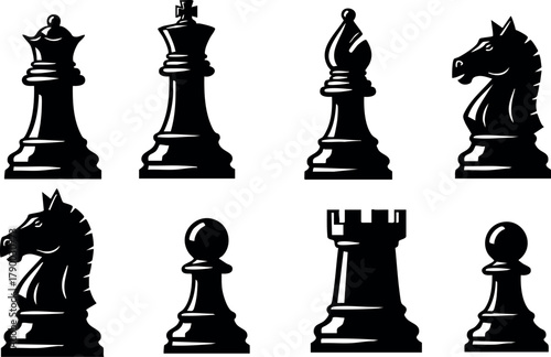 Black chess pieces set with king bishop knight pawn rook design vector illustration for game strategy