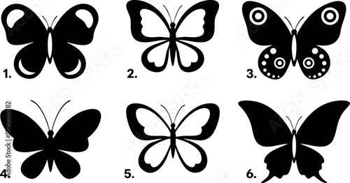 Butterfly silhouettes vector collection with six unique wing patterns in black and white design