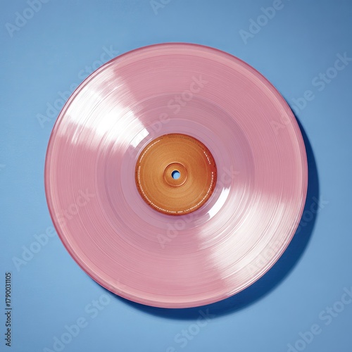 A pastel pink record with a golden center rests on a blue background.