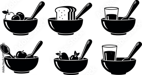 Breakfast food icons with bowl toast juice and spoon in black silhouette style vector set
