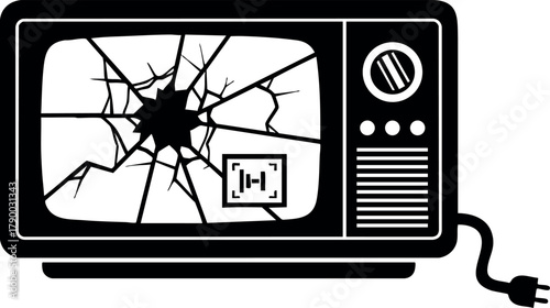 Broken vintage microwave oven with cracked glass window and unplugged cord vector illustration