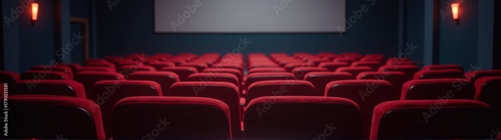 Fototapeta premium A dimly lit movie theater with red seats and a projector screen