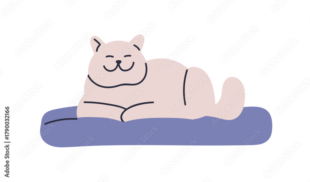 Fototapeta premium Cute happy cat lying, relaxing on pet bed, cushion. Home feline animal, kitty resting on cozy pillow, smiling and enjoying relaxation, calm rest. Flat vector illustration isolated on white background