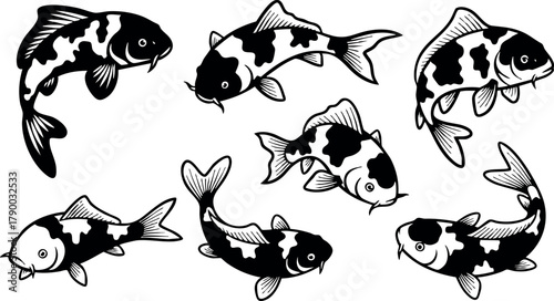 Koi Fish Vector Set with Black and White Pattern Designs for Aquatic and Ornamental Use