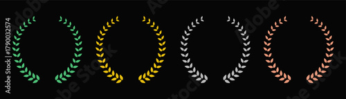 Set icons of laurel wreaths of victory: gold, silver, bronze. Greek olive branch award winner round emblem. Heraldic trophy crest, laurel frame, circular laurels branches emblem.