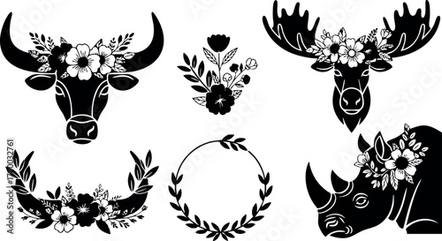 Animal heads decorated with floral wreaths and wreath circle vector design for nature and wildlife art