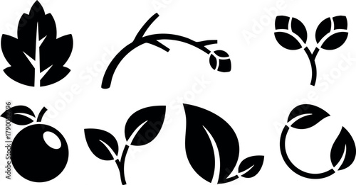 Set of simple black leaf and plant icons for nature and environment themed vector design elements