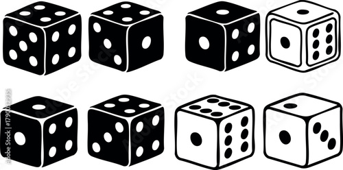Set of black and white dice showing different face values in simple vector style illustration for gaming and chance concepts