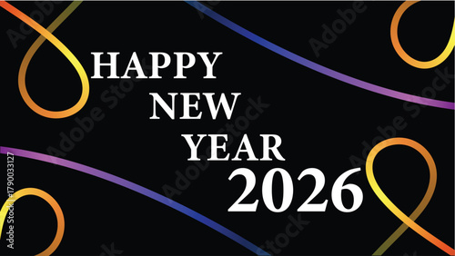 Bright and festive graphic celebrating Happy New Year 2026 with colorful swirling lines on a dark background.