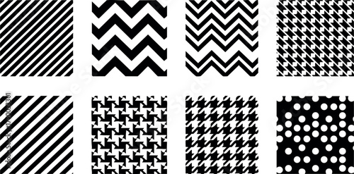 Collection of seamless black and white geometric patterns stripes zigzag houndstooth dots design vector background