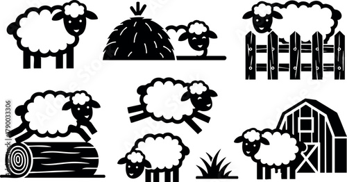 Sheep and farm animals vector set with barn, haystack, fence, log, and grass icons for rural agricultural design and livestock illustration