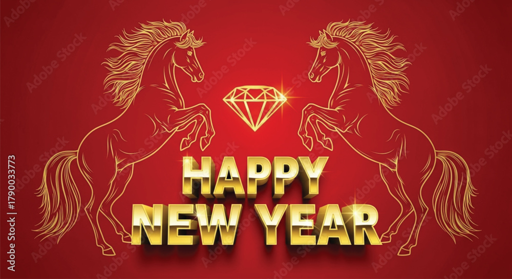 Fototapeta premium A vibrant illustration features golden horses and a diamond, symbolizing wealth and prosperity. It's perfect for celebrating a happy new year with elegance and joy.