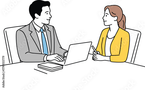 Professional vector illustration of a business consultation or interview between a man and woman at a desk, collaborating on a laptop and taking notes during a successful meeting.