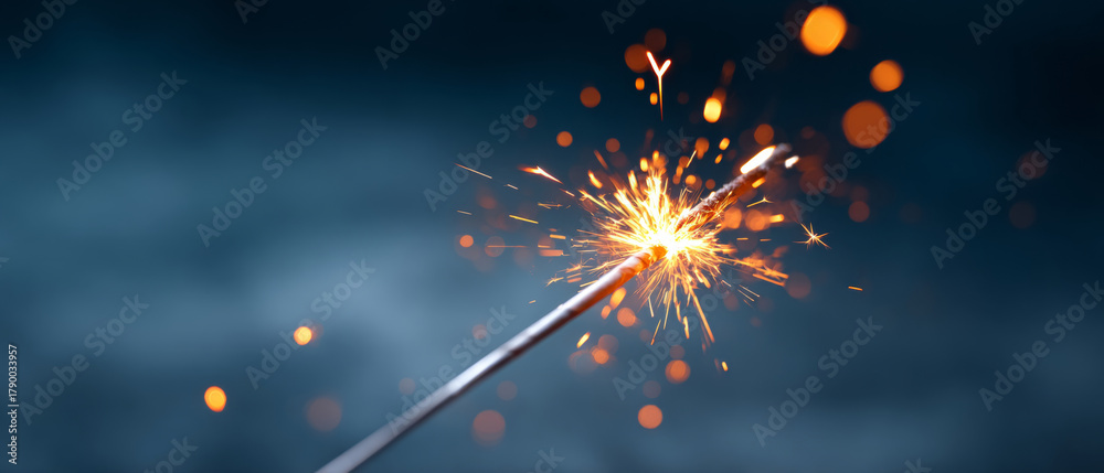 Fototapeta premium Close-up of a lit sparkler emitting bright sparks with bokeh effect on a dark blue blurred background