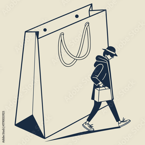 Stylish shopper walking with a shopping bag, a modern illustration of urban lifestyle and retail therapy with a minimalistic and fashionable design