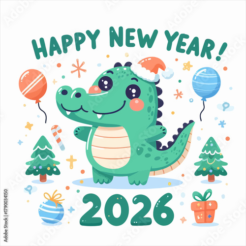 Happy New Year 2026 Festive crocodile illustration flat vector logo for celebratory greetings and seasonal design