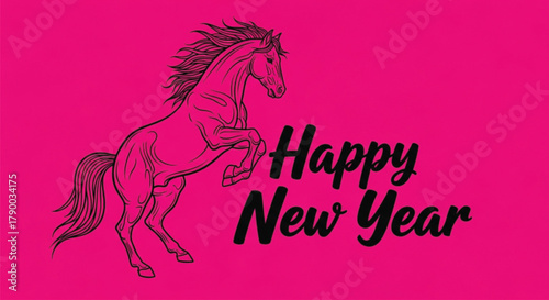 A illustration features a rearing horse wishing a happy new year, set against a vibrant pink background. It is perfect for holiday greetings and celebrations. 