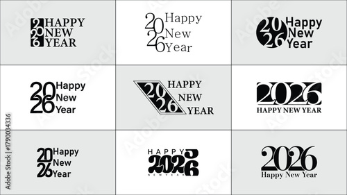 Collection of stylish typographic designs celebrating the arrival of the New Year 2026.