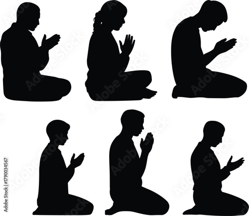 Set of Six Silhouettes of People Kneeling in Prayer, Symbolizing Religious Worship, Spiritual Devotion, Faith, Meditation, and Diverse Belief
