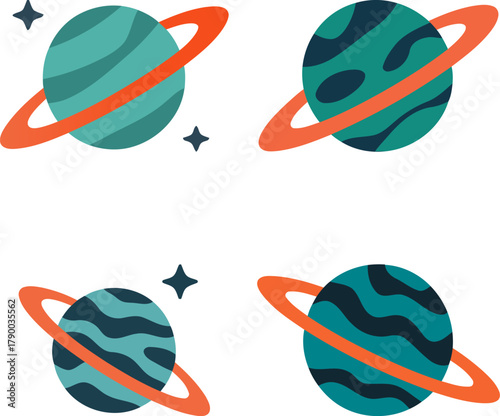 Four stylized planets with rings and stars are shown in a grid.