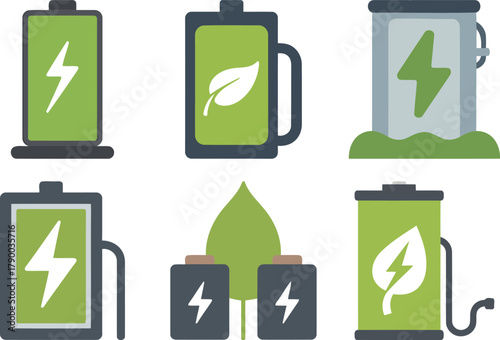 Set of six green batteries symbolizing renewable energy and power