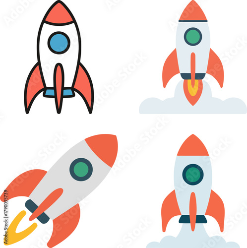 Four cartoon rockets are depicted in various stages of flight or readiness.