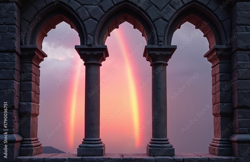 Obraz premium Ancient stone arches frame a vibrant double rainbow during a purple sunset. The gothic architecture provides a dramatic backdrop for the sky colorful display. This scene evokes hope.